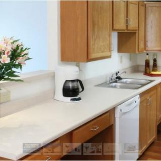 A clean and organized kitchen with wooden cabinets, a white countertop, a coffee maker, sink, dishwasher, and a vase of flowers.