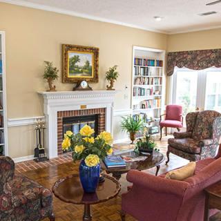 A cozy living room featuring a fireplace, armchairs, bookshelves, and decorative plants.
