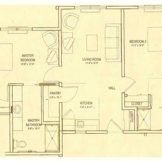 A detailed floor plan of an apartment with labeled rooms and dimensions.