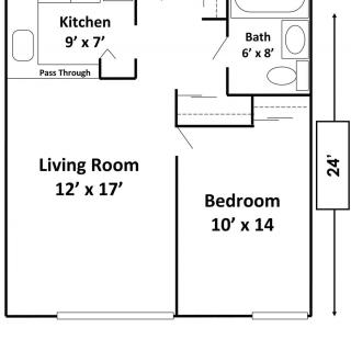 Floor plan of a one-bedroom apartment with specified room dimensions.