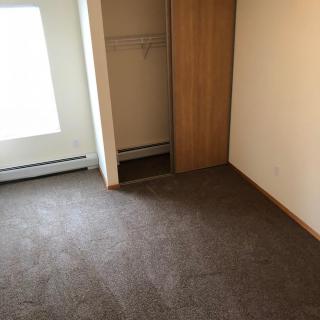 An empty room with a carpeted floor, featuring a closet and a window with natural light.
