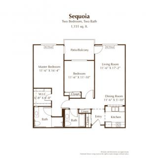 Floor plan of a two-bedroom apartment with designated areas for living room, kitchen, and bathroom.