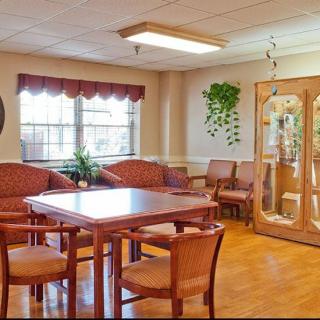 A cozy dining area with wooden furniture and lush plants by the window.