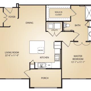 One-bedroom apartment floor plan with a living room, kitchen, dining area, and porch.
