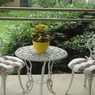 A cozy outdoor patio set with a table, two chairs, and a potted plant.