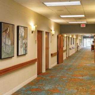A well-lit hallway with doors on either side and artwork on the walls.