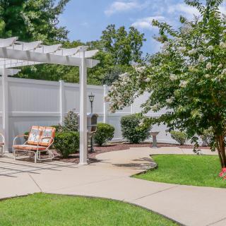 A serene backyard featuring a pergola with a bench, surrounded by lush greenery and a paved pathway.