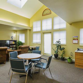 A bright office space with a meeting table, chairs, and potted plants, illuminated by natural light from large windows.