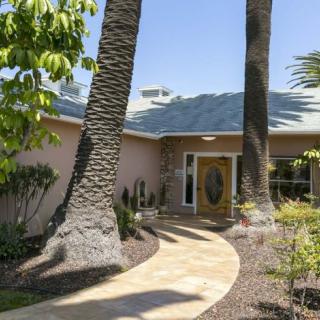 A sunny view of a house entrance with palm trees and a landscaped pathway.