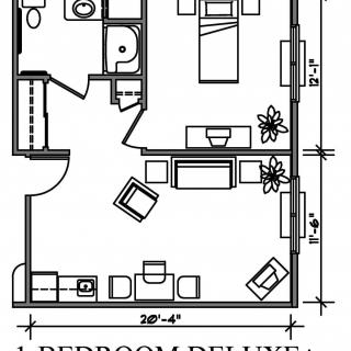 Floor plan of a 1-bedroom deluxe apartment.