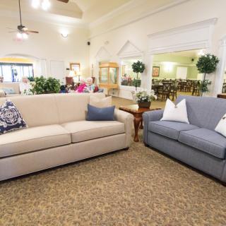 A cozy living room with two sofas and elegant decor.