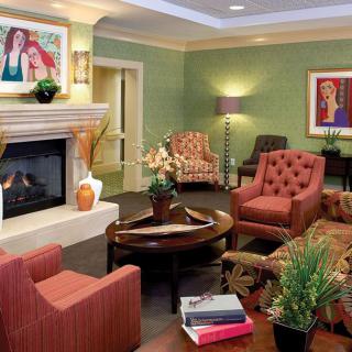 A cozy living room featuring a modern fireplace, comfortable armchairs, and stylish decor.