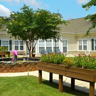 A sunny outdoor area featuring raised garden beds in front of a single-story building.