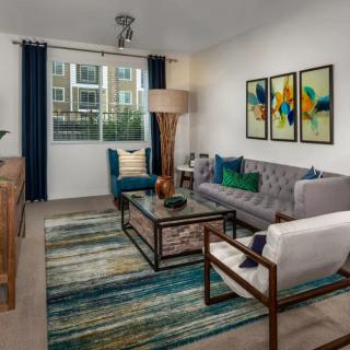 A contemporary living room featuring colorful artwork, a plush sofa, cozy armchair, and a stylish coffee table over a patterned rug.