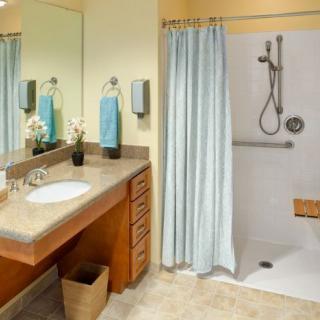 A well-designed accessible bathroom featuring a shower with grab bars and a wooden bench, alongside a sink, vanity, and mirror.