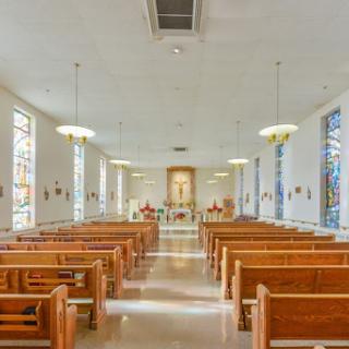 Interior view of a serene church, highlighting the wooden pews and peaceful ambiance.