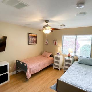 A cozy bedroom with two single beds, a ceiling fan, and natural lighting.