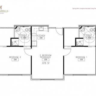 A detailed floor plan showing the layout of an apartment with two bedrooms, a living room, and bathrooms.