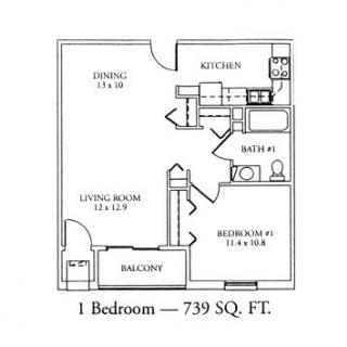 A floor plan of a 1-bedroom apartment with a total area of 739 square feet, including a living room, dining area, kitchen, bathroom, and balcony.