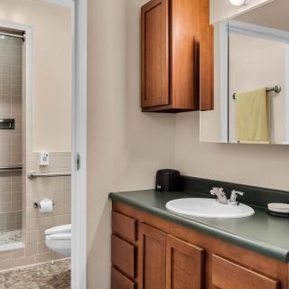 A modern bathroom with a sink, mirror, and wooden cabinets.