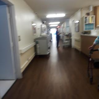 A busy hospital corridor with healthcare professionals attending to patients.