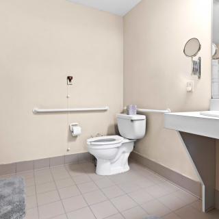 A clean bathroom with a toilet, sink, and handrail.