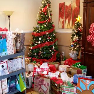 A cozy room adorned with festive Christmas trees and an assortment of beautifully wrapped presents, ready for the holiday celebration.