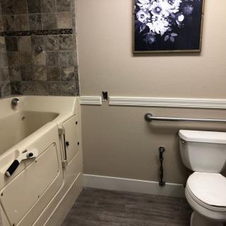 A bathroom with a walk-in bathtub, toilet, and safety grab bar.