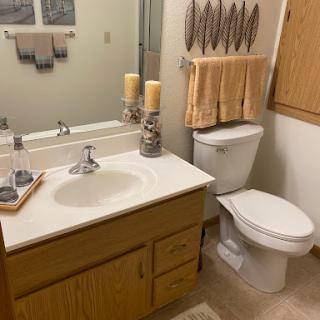 A well-organized bathroom featuring a sink, toilet, and decorative elements.