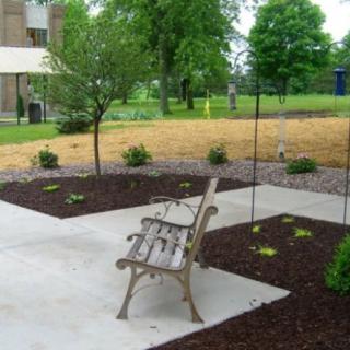 A landscaped garden with a bench on a concrete patio, surrounded by trees and mulch.