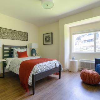 A modern bedroom with a single bed and orange accents, featuring ample natural light from the window.