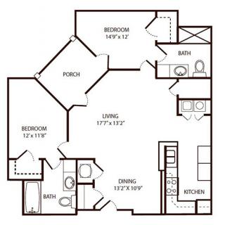 A floor plan of a two-bedroom apartment featuring two bathrooms, a kitchen, dining area, living room, and porch.