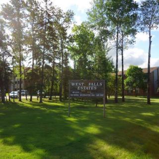 A park with a sign surrounded by trees and sunlight filtering through.