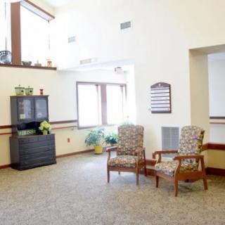 A bright and spacious lobby with comfortable seating and decor.