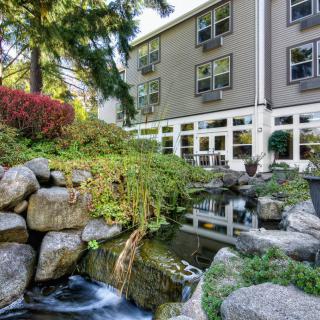 A serene garden with a water feature beside a modern building.