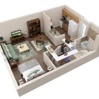 A 3D floor plan of a modern one-bedroom apartment with an open living area and kitchen.