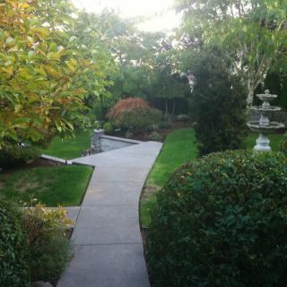 A serene garden with a paved pathway surrounded by lush greenery and trees.