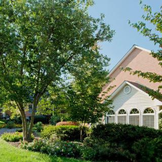 A charming house with a lush garden and large trees on a sunny day.