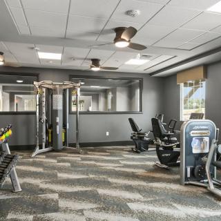 A modern gym equipped with various exercise machines and a clean, open layout.