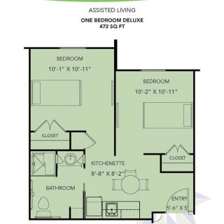 Floor plan of an assisted living one bedroom deluxe suite with a total area of 470 square feet.