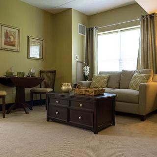 A cozy living room with a sofa, coffee table, and decorative elements.