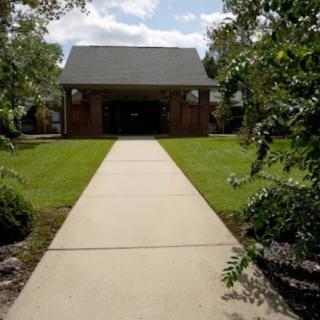 A paved pathway leading to a house surrounded by a well-maintained lawn and trees.