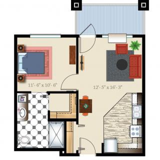 One-bedroom apartment floor plan with living room, kitchen, bathroom, and balcony.