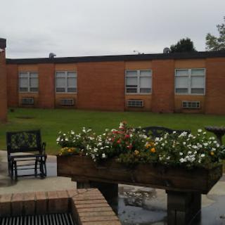 A peaceful schoolyard featuring flowering plants and a brick building in the background.