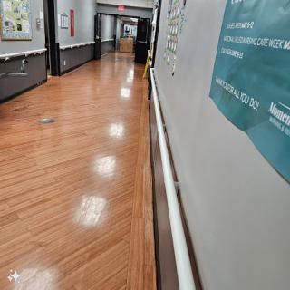 A view of a well-lit hallway featuring polished flooring and walls with informational posters.