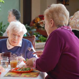 Two elderly women enjoying a meal and conversing at a table.
