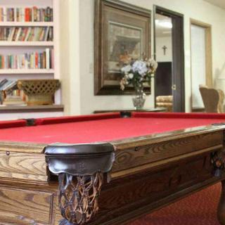 A cozy room features a red-felt pool table, surrounded by shelves of books and decorative elements.