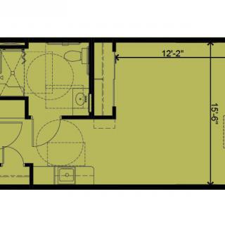 A floor plan showing the layout of a small room with bathroom facilities.