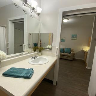 A bathroom with a neatly arranged sink and mirror, adjacent to a cozy living room.