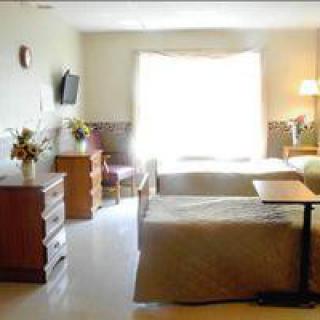 A bright bedroom with twin beds, a television, and wooden furniture.